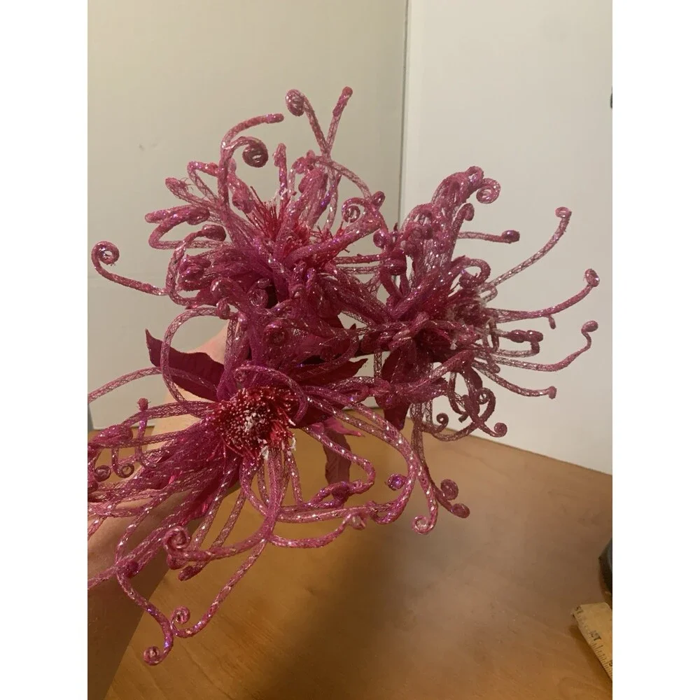 Lot Of 3 Glittery Hot Pink Floral Spider Flowers Pretty And Bendable 13”x6”